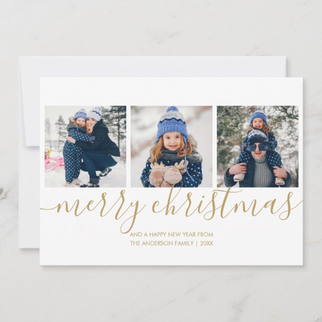 Tarjeta Festiva Ferry Christmas Gold Script 3 Photo Holiday Card (Anverso)