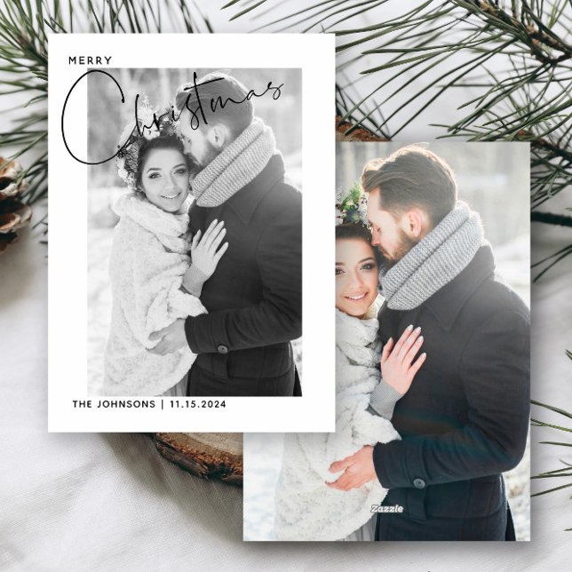 Tarjeta Festiva Ferry First Christmas Hand Letter 2 Photo (Easily personalize this 2 photo holiday wedding card with your photos and deets)
