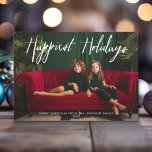 Tarjeta Festiva Festejos más felices, retro, foto completa - Rayas<br><div class="desc">Utilice una foto horizontal con el sujeto preferiblemente en el medio. Haga un exclusivo y moderno saludo de Feliz Navidad con un brillante y alegre patrón de arte de la línea retro en la parte trasera. Si necesita mover algo,  haga clic en el botón personalizar para realizar cambios.</div>