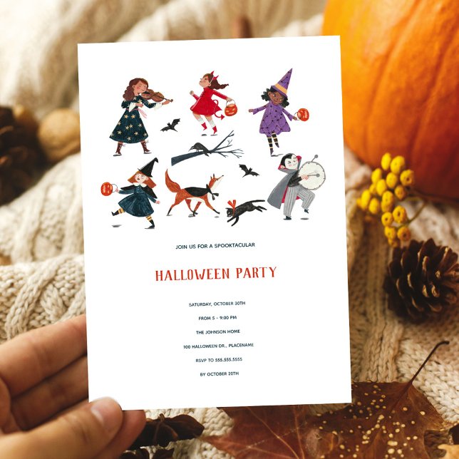 Tarjeta Festiva Festín de Halloween niños truco para tratar desfil (Halloween party kids trick or treat parade holiday card)