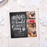 Tarjeta Festiva Festive Barks | Square Holiday Pet Photo Card<br><div class="desc">Cute whimsical holiday photo card in a unique square shape features three favorite pet photos in a collage layout. "Bark! The herald angels sing" appears to the left in white hand lettered typography on a chalkboard background accented with a dog paw print illustration. Personalize with your custom greeting and names...</div>