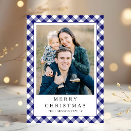 Tarjeta Festiva Festive Blue Gingham Photo Christmas
