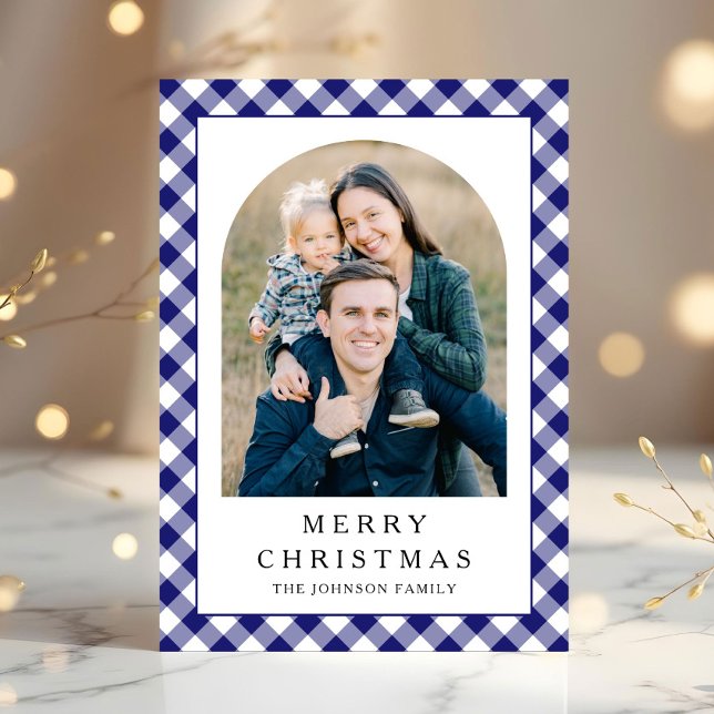 Tarjeta Festiva Festive Blue Gingham Photo Christmas (Festive Blue Gingham Photo Christmas Holiday Card)