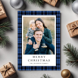 Tarjeta Festiva Festive Blue Plaid Photo Christmas