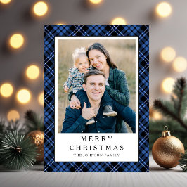 Tarjeta Festiva Festive Blue Plaid Photo Christmas