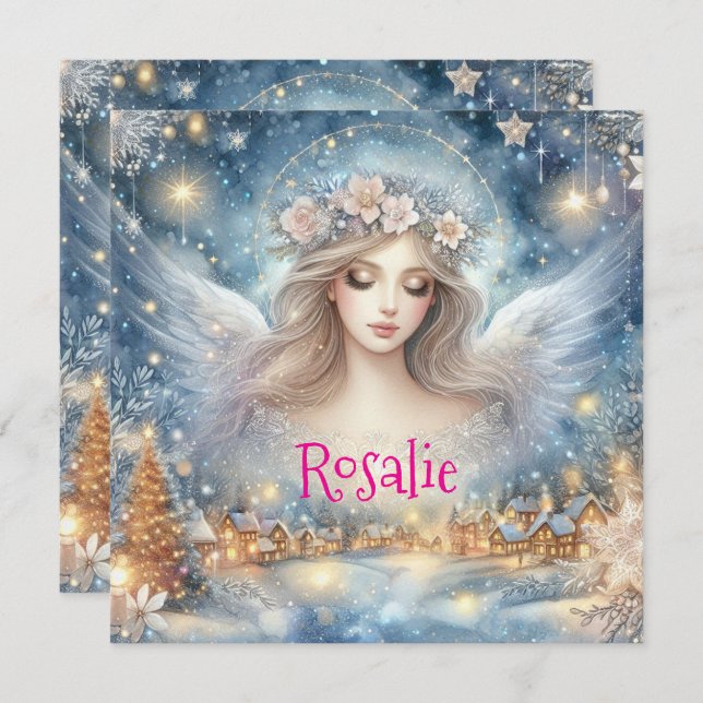 Tarjeta Festiva Festive Blue Watercolor Ethereal Frost Snow Angel (Anverso / Reverso)