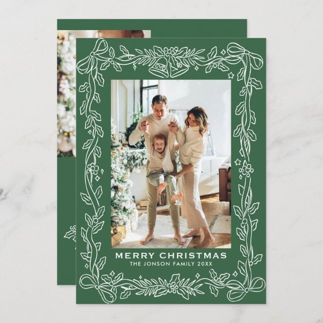 Tarjeta Festiva Festive Christmas Sage Green Bow Ribbon 3 Photo (Anverso / Reverso)