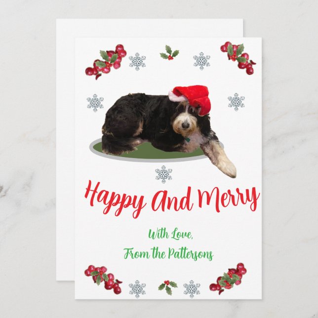 Tarjeta Festiva Festive dog wearing a Santa Hat Flat Holiday Card (Anverso / Reverso)