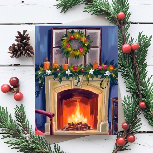 Tarjeta Festiva Festive Fireplace Christmas Wreath Watercolor (Subido por el creador)