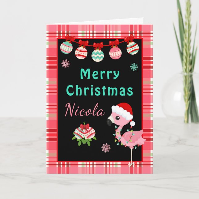 Tarjeta Festiva Festive Flamingo Merry Christmas with Name (Anverso)