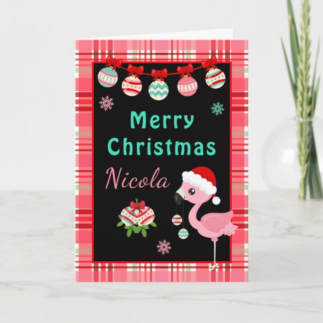 Tarjeta Festiva Festive Flamingo Merry Christmas with Name (Anverso)