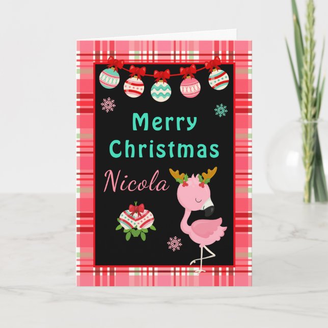 Tarjeta Festiva Festive Flamingo Merry Christmas with Name (Anverso)