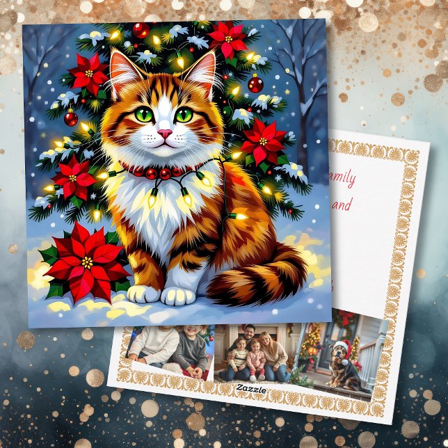 Tarjeta Festiva Festive Folk Art Cat with Family Photos Custom (Subido por el creador)