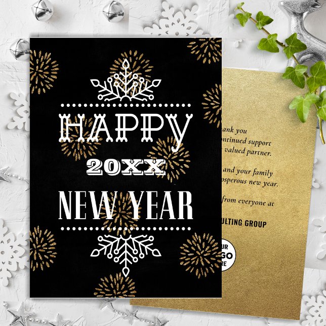 Tarjeta Festiva Festive Gold Fireworks Moderno Fun Script Business (Subido por el creador)
