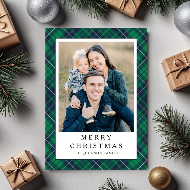 Tarjeta Festiva Festive Green Plaid Photo Christmas (Festive Green Plaid Photo Christmas Holiday Card)