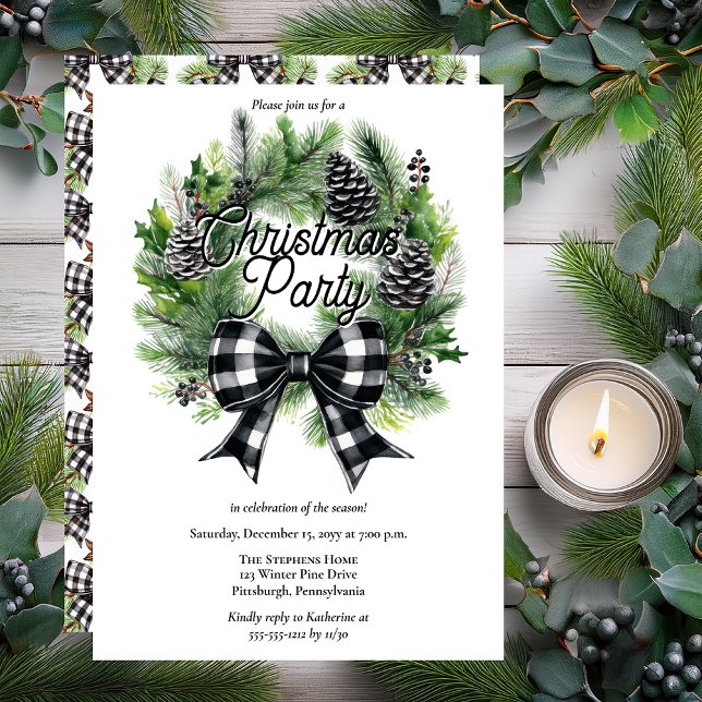 Tarjeta Festiva Festive Holiday Wreath BW Bow Christmas Party  (Festive Holiday Wreath with BW Check Coquette Bow "Christmas Party" Invitation - Print | Digital)