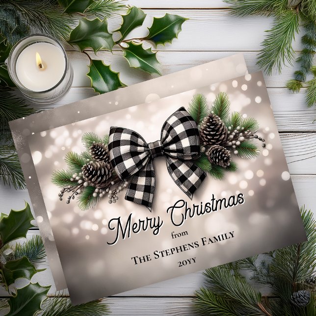 Tarjeta Festiva Festive Holiday Wreath Merry Christmas Non-Photo (Festive Holiday Bough with Black | White Check Coquette Bow Bokeh Snow "Merry Christmas" Flat Card)