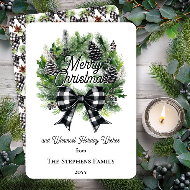 Tarjeta Festiva Festive Holiday Wreath Merry Christmas Non-Photo (Festive Holiday Wreath with Black | White Check Coquette Bow "Merry Christmas" Flat Card)