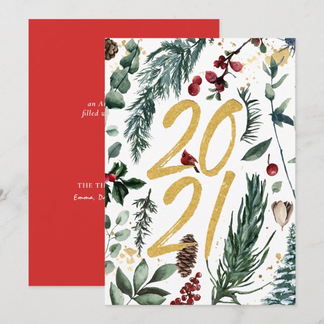 Tarjeta Festiva Festive Pine Bough Magnolia Red Berry 2021 (Anverso / Reverso)