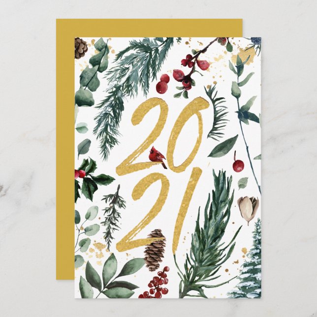 Tarjeta Festiva Festive Pine Bough Magnolia Red Berry 2021 (Anverso / Reverso)