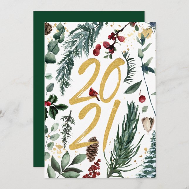 Tarjeta Festiva Festive Pine Bough Magnolia Red Berry 2021 (Anverso / Reverso)