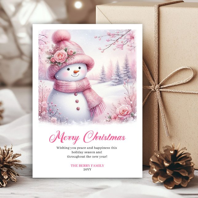 Tarjeta Festiva Festive pink snowman Christmas kids card digital  (Festive pink snowman Christmas kids card digital edit)