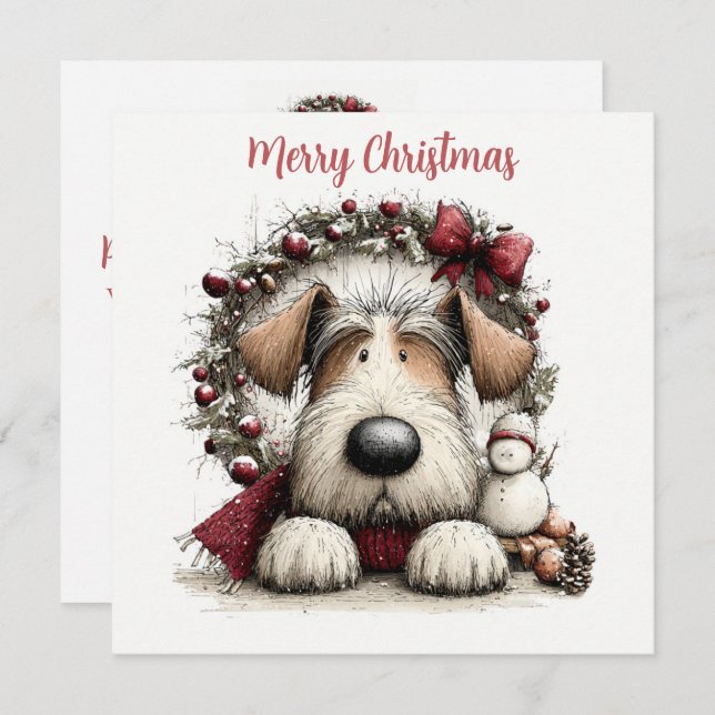 Tarjeta Festiva Festive Pup & Wreath (Anverso / Reverso)