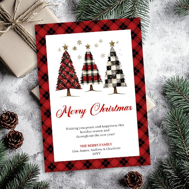 Tarjeta Festiva Festive Red Black Plaid Christmas Tree Watercolor (Festive Red Black Plaid Christmas Tree Watercolor)