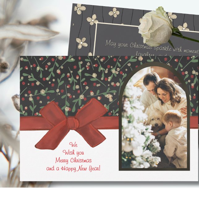 Tarjeta Festiva Festive Red Bow & Floral Flat Holiday Card (Watercolor Red Bow & Floral Flat Holiday Card)