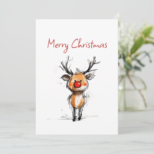 Tarjeta Festiva Festive Rudolph Reindeer Sketch Merry Christmas (Anverso de pie)