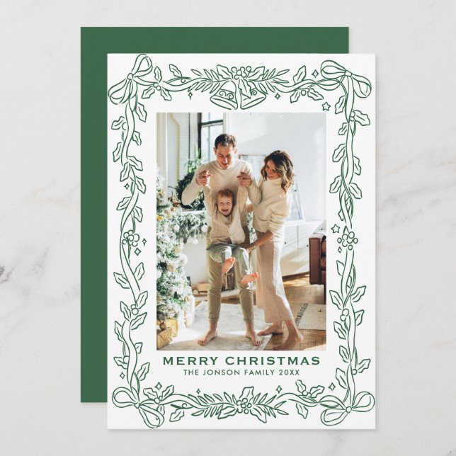 Tarjeta Festiva Festive Sage Green Christmas Bow Ribbon 2 Photo Ho (Anverso / Reverso)