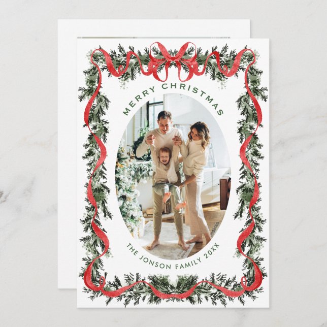 Tarjeta Festiva Festive Sage Green Christmas Bow Ribbon 2 Photo Ho (Anverso / Reverso)