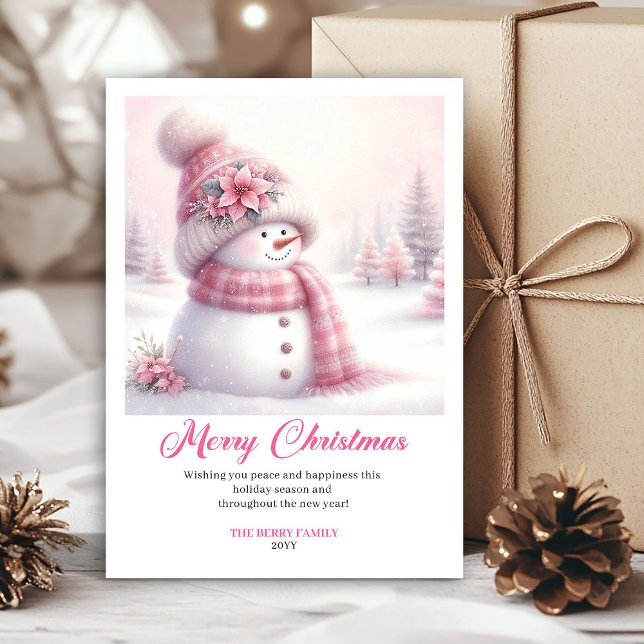 Tarjeta Festiva Festive snowy pink snowman kids greeting card edit (Festive snowy pink snowman kids greeting card edit)