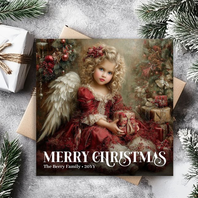 Tarjeta Festiva Festive Victorian Angel Burgundy Red Green Xmas (Festive Victorian Angel Burgundy Red Green Christmas)