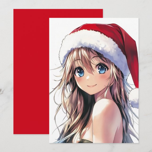 Tarjeta Festiva Festividad de Chica de anime Santa Hat con ojos az (Anverso / Reverso)
