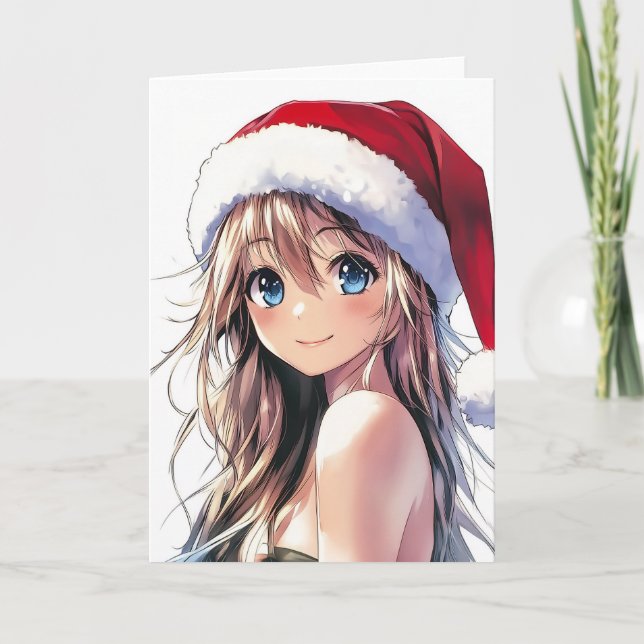 Tarjeta Festiva Festividad de Chica de anime Santa Hat con ojos az (Anverso)