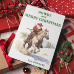 Tarjeta Festiva Festividad de Cowboy Santa Navidades<br><div class="desc">Este diseño fue creado a través del arte digital y puede ser personalizado en el área que proporciona cambiando la foto y/o el texto. O puede personalizarse eligiendo la opción de hacer clic en el personalizar y borrar o cambiar el color del fondo, agregar texto, cambiar el color o estilo...</div>