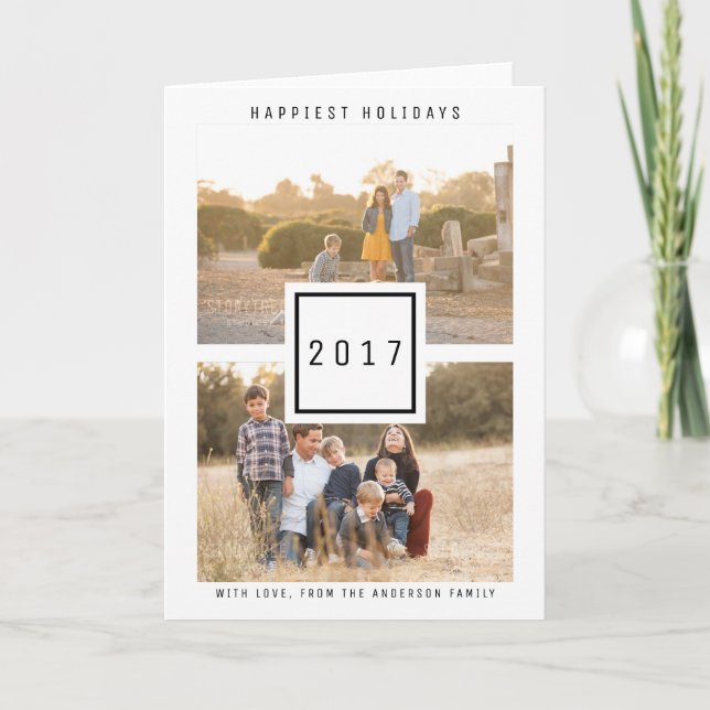 Tarjeta Festiva Festividad de doble foto moderna y negra (Anverso)