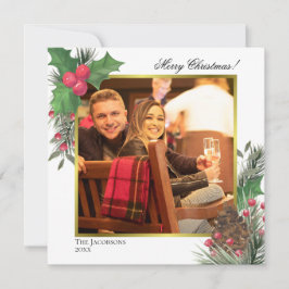 Tarjeta Festiva Festividad de invierno Holly Berries & Pine Photo
