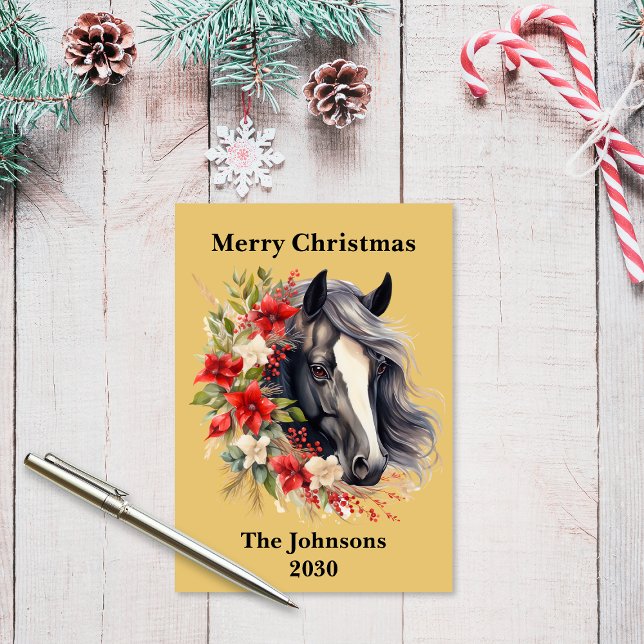 Tarjeta Festiva Festividad de la corona rusa de Navidades negros (Rustic Flat Black Christmas Horse Wreath Holiday Card)
