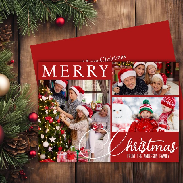 Tarjeta Festiva Festividad De La Festividad De La Festividad De La (Red And White Merry Christmas Three Photo Festive Holiday Card)