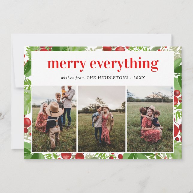 Tarjeta Festiva Festividad de la foto de Merry Everything Red Berr (Anverso)