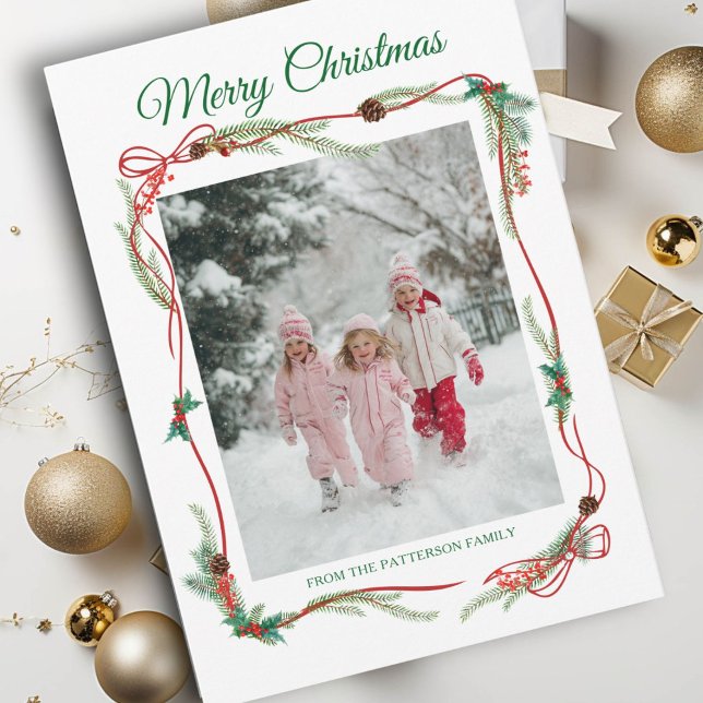 Tarjeta Festiva Festividad de la frontera de la vaca roja -1 Foto  (Festive Red Bow Border -1 Photo White Christmas Holiday Card)