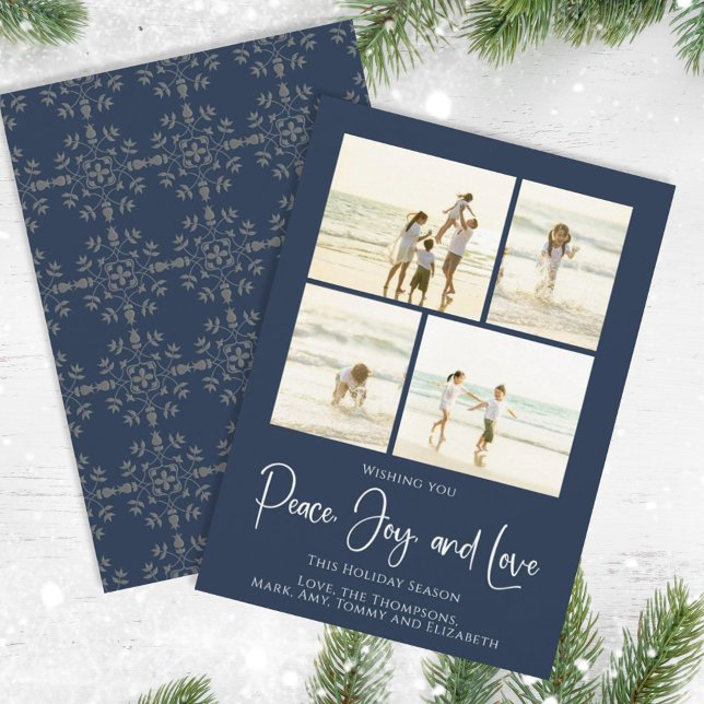 Tarjeta Festiva Festividad de la paz Alegría Amo Elegantes Copos d (Christmas holiday simple peace, joy, and love navy blue photo card. )