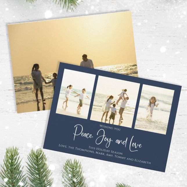 Tarjeta Festiva Festividad de la paz Alegría Amo Elegantes Copos d (Christmas holiday simple peace, joy, and love navy blue photo card. )