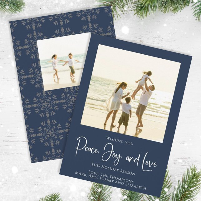 Tarjeta Festiva Festividad de la paz Alegría Amo Elegantes Copos d (Christmas holiday simple peace, joy, and love navy blue photo card. )