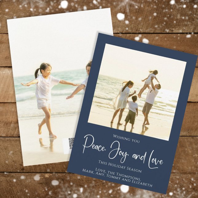 Tarjeta Festiva Festividad de la paz Alegría Amo Elegantes Copos d (Christmas holiday simple peace, joy, and love navy blue photo card. )