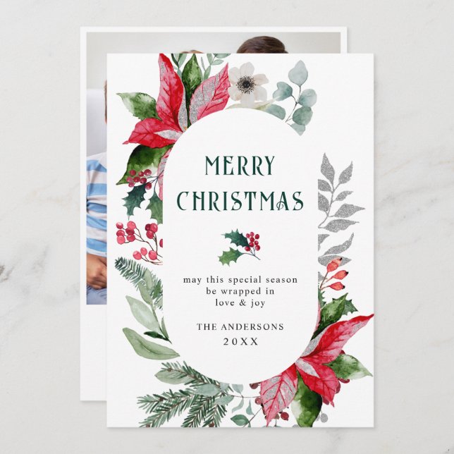 Tarjeta Festiva Festividad de los Navidades de Poinsettia Mistleto (Anverso / Reverso)