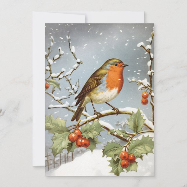 Tarjeta Festiva Festividad de los Navidades Robin Bird Holly Snow (Anverso)