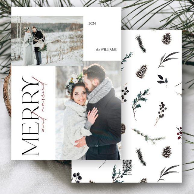 Tarjeta Festiva Festividad de los recién casados y los merry moder (Merry & married! Celebrate your first holiday as newlyweds with this elegant photo card.)